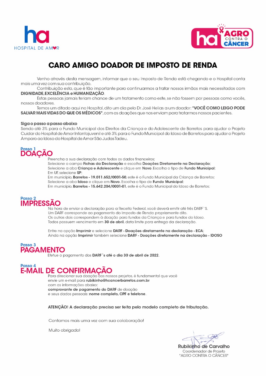 doação de imposto de renda ao hospital de amor 2022