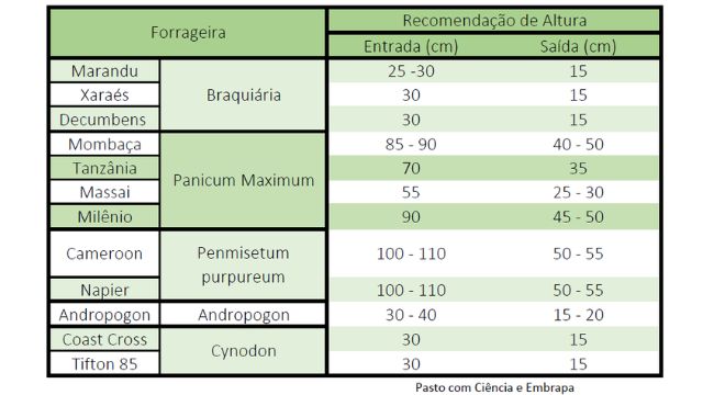 lista de pastagens e suas recomendações de altura