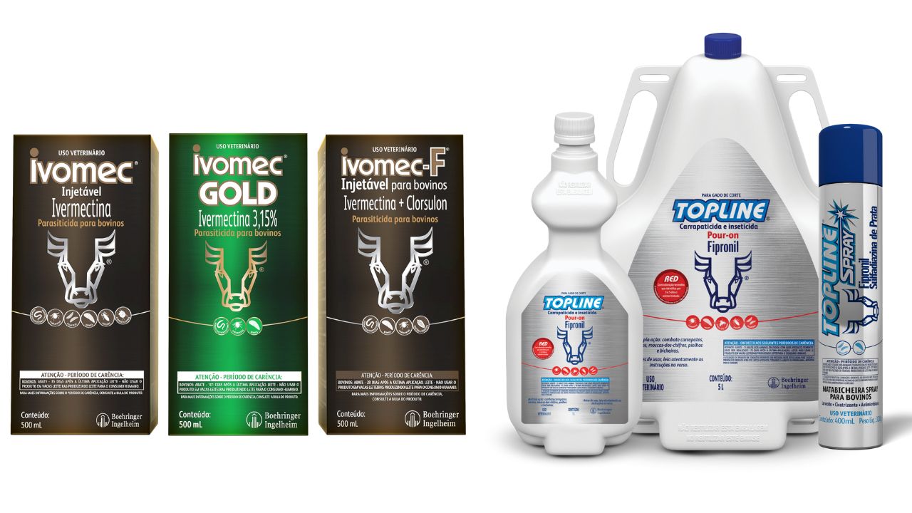 Detalhe das embalagens dos antiparasitários Ivomec e TopLine. Foto: Divulgação/Boehringer Ingelheim